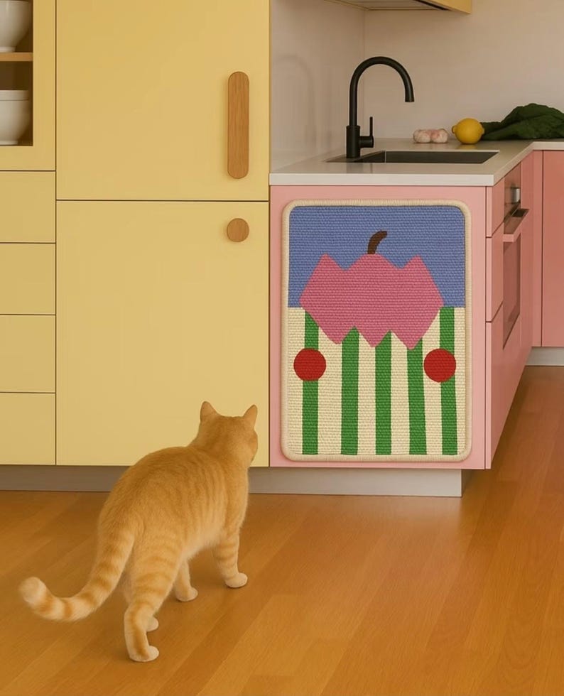 Puede incluir: Una cocina colorida con armarios amarillos y rosas. El armario rosa tiene un gr&aacute;fico con una forma rosa, c&iacute;rculos rojos y rayas verdes. Un gato atigrado naranja camina sobre el suelo de madera.