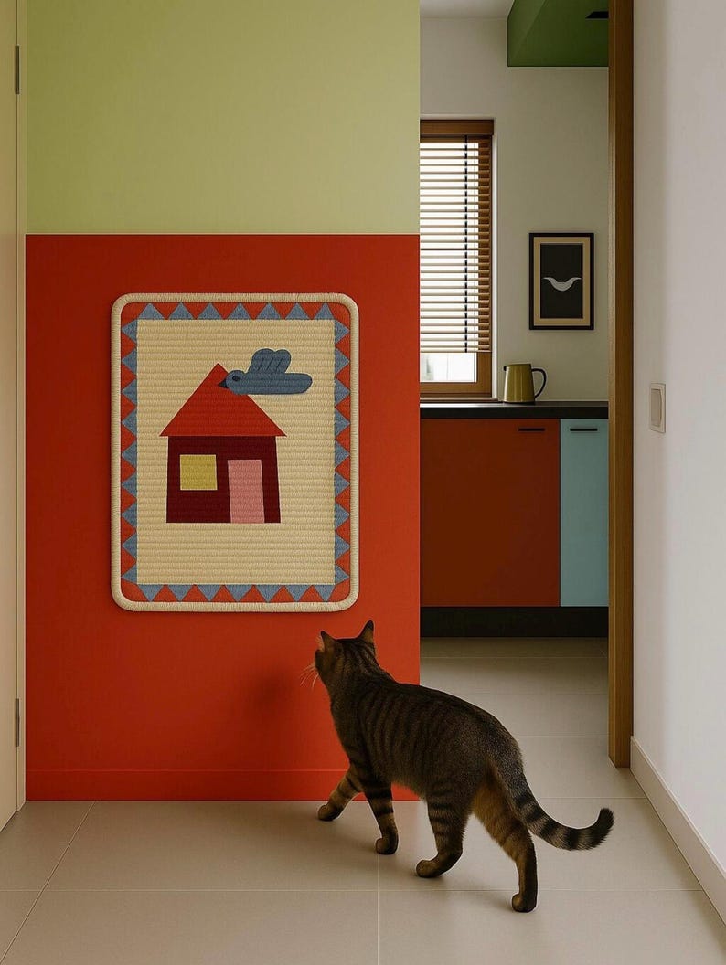 Puede incluir: Un cuadro rectangular con un dise&ntilde;o de casa. La casa tiene un tejado rojo, una puerta rosa y una ventana amarilla. Una nube azul est&aacute; encima de la casa. El borde es crema con tri&aacute;ngulos azules y rojos. Un gato atigrado camina por el suelo.