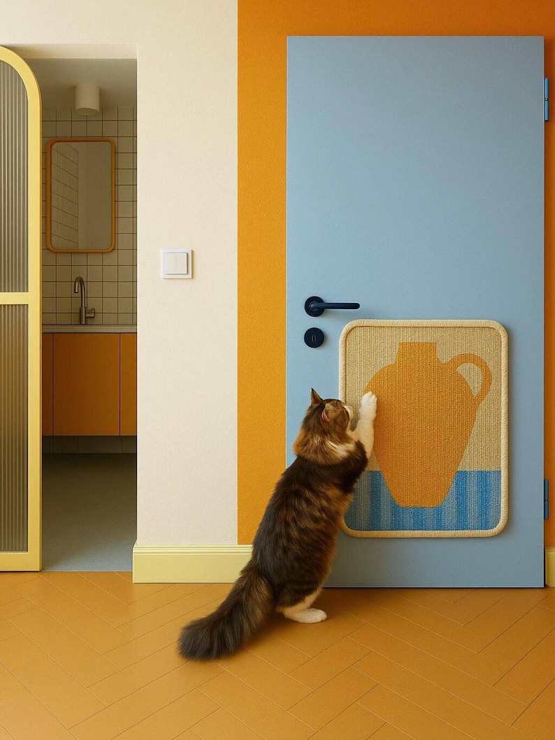 Puede incluir: Un gato esponjoso marr&oacute;n y blanco ara&ntilde;a una estera tejida adherida a una puerta azul claro. La estera presenta un dise&ntilde;o de jarr&oacute;n amarillo. La habitaci&oacute;n tiene paredes y pisos naranjas y amarillos.