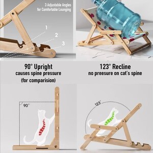 May include: A wooden cat lounger with adjustable angles for comfortable lounging. The lounger has a screw-fastened frame for enhanced stability. The image shows the lounger at 90 degrees, causing spine pressure, and at 123 degrees, with no pressure on the cat's spine.