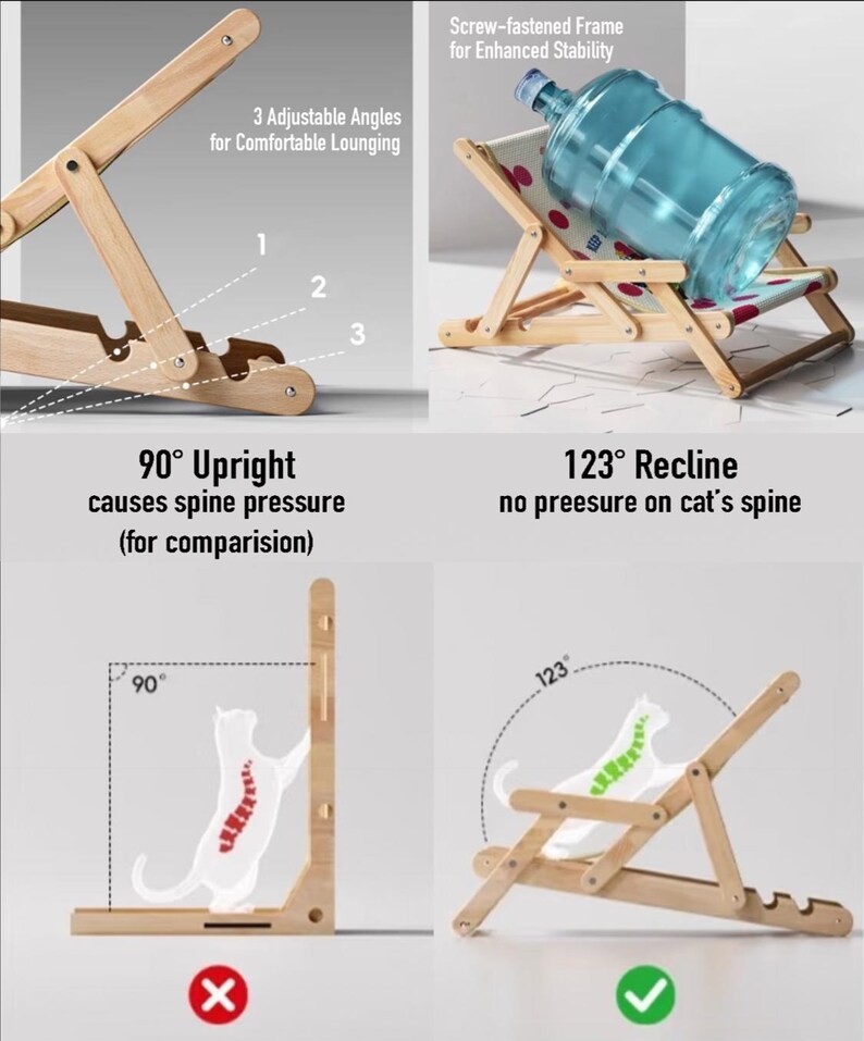 May include: A wooden cat lounger with adjustable angles for comfortable lounging. The lounger has a screw-fastened frame for enhanced stability. The image shows the lounger at 90 degrees, causing spine pressure, and at 123 degrees, with no pressure on the cat's spine.