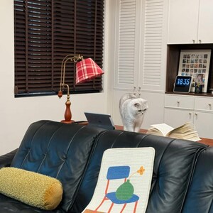 Puede incluir: Un sof&aacute; de cuero negro con un coj&iacute;n decorativo y una alfombra estampada con un dise&ntilde;o de silla y jarr&oacute;n. Una l&aacute;mpara dorada y a cuadros rojos se encuentra sobre una mesa de madera. Un gato gris est&aacute; sobre la mesa.