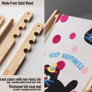 May include: A cat scratch lounge made from solid wood with a sisal mat. The mat features a cartoon cat design with the words "HELP HAPPINESS". The wood pieces have a notched design.