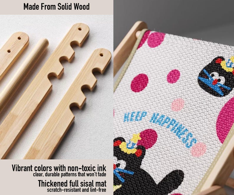 May include: A cat scratch lounge made from solid wood with a sisal mat. The mat features a cartoon cat design with the words "HELP HAPPINESS". The wood pieces have a notched design.