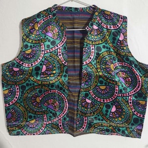 Vintage Handmade Colorful Patterned Vest with Striped Lining – Bohemian Folk Style, Unisex, Size M