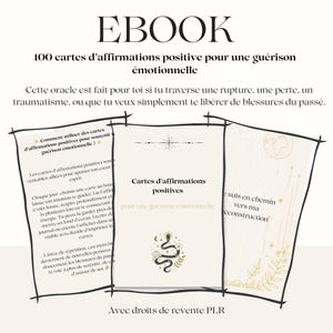 Peut inclure: Couverture d'ebook avec le titre "EBOOK" et le texte "100 cartes d'affirmations positives pour une guérison émotionnelle". L'image présente un jeu de cartes avec du texte et des illustrations.
