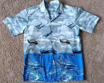 Camisa hawaiana vintage Aloha Republic para hombre, azul medio