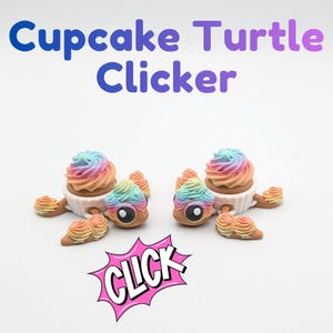 May include: A whimsical image features two cupcake turtle clickers. Each turtle has a cupcake shell with a rainbow-colored frosting. The turtles have brown bodies, and the text "Cupcake Turtle Clicker" is at the top. A pink "CLICK" graphic is at the bottom.