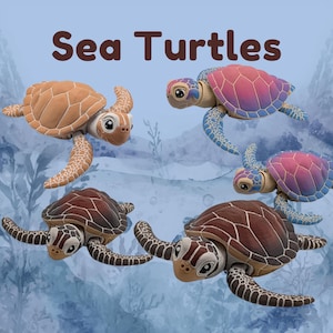 May include: An image featuring several sea turtle figurines in various colors. The turtles have detailed shells and flippers, with the text "Sea Turtles" at the top. The turtles are in shades of brown, tan, pink, and blue, with detailed facial features.