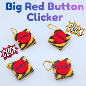 May include: Four Big Red Button Clicker keychains. Each keychain has a red button with a different word: Panic, Alarm, Alert, and Stop. The buttons are set in a yellow and black striped square with a gold chain. The words "CLICK" are in speech bubbles.