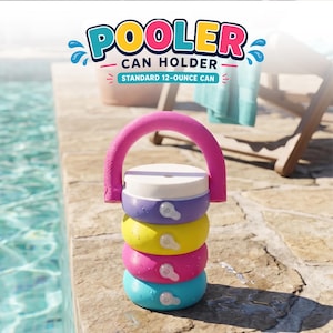 May include: A colorful can holder with a pink handle, stacked with purple, yellow, pink, and blue sections. The text "POOLER CAN HOLDER" is displayed above, with "STANDARD 12-OUNCE CAN" below. The holder is designed to keep a standard 12-ounce can cold.