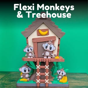 May include: A 3D-printed Flexi Monkeys & Treehouse playset. The treehouse is brown with a banana on the roof. Four cartoon monkeys are on the treehouse and platform. The text "Flexi Monkeys & Treehouse" is at the top.