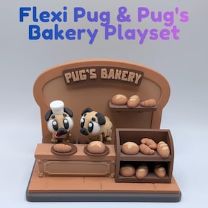 May include: A Flexi Pug & Pug's Bakery Playset. The playset features two pug figurines, one wearing a chef's hat, in a bakery setting. The bakery has shelves with bread and pastries. The sign reads "Pug's Bakery".