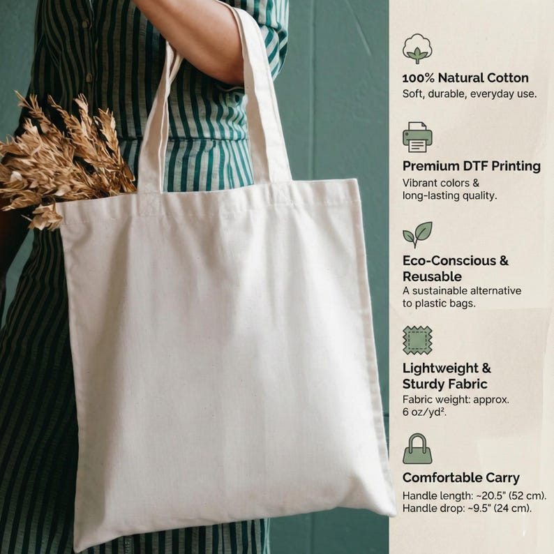 Puede incluir: Una bolsa de lona blanca con una longitud de asa de 52 cm y una ca&iacute;da de asa de 24 cm. La bolsa est&aacute; hecha de tela ligera y resistente, aproximadamente 6 oz/yd&sup2;. La bolsa es ecol&oacute;gica y reutilizable.