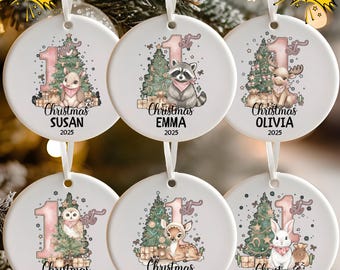 Adorno navideño de cerámica para la primera Navidad del bebé, recuerdo navideño, decoración personalizada con escena navideña.