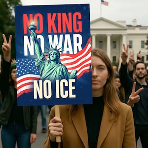 May include: A protest sign with the words "NO KING NO WAR NO ICE" in red and white, featuring the Statue of Liberty and an American flag design. The sign is held by a person in a crowd, with others displaying peace signs.