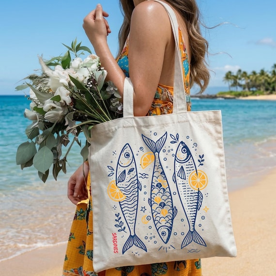 Sardine Beach Tote Bag, Lemon Fish Canvas Bag, Coastal Beach Bag, Mediterranean Tote, Seafood Lover Gift,Nautical Tote Bag,Summer Market Bag