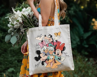 Bolsa de compras retro con firmas de Mickey y sus amigos, bolsa para el viaje a Disney 2026, bolsa clásica de compras Disney, regalo para los amantes de Disney, bolsa de compras Disney para niños.