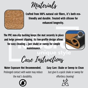 May include: Informational graphic detailing the materials and care instructions for a mat. The text highlights the use of natural coir fibers, PVC non-slip backing, and silicone treatment. Care instructions advise against water exposure and recommend shaking or sweeping for cleaning.