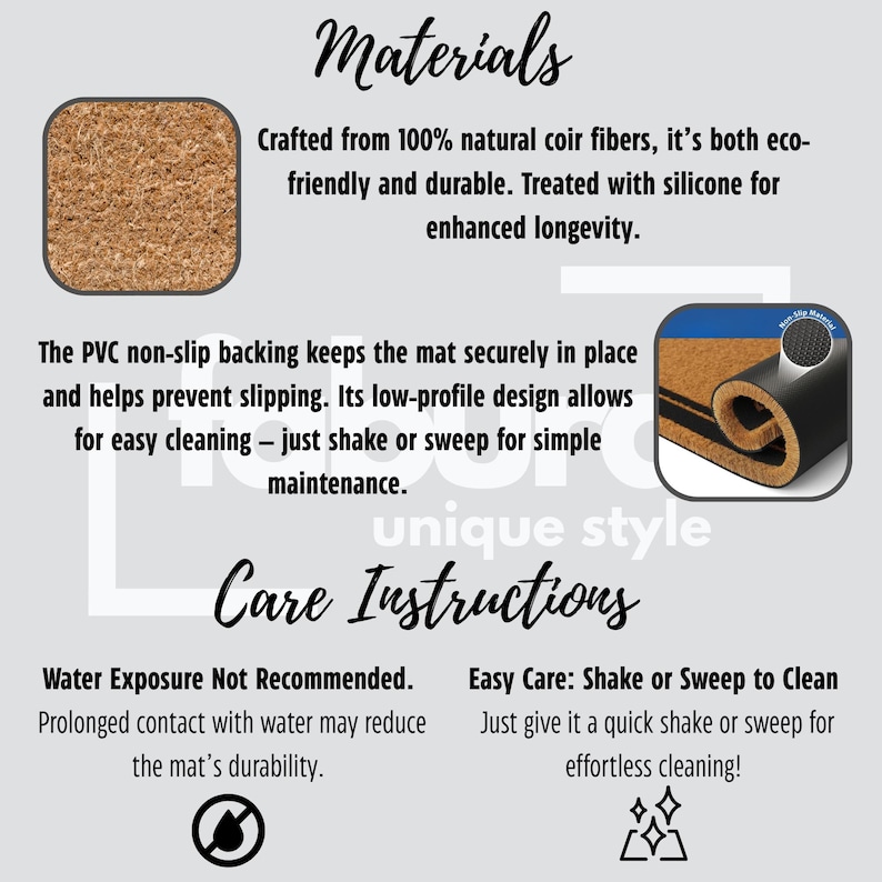 May include: Informational graphic detailing the materials and care instructions for a mat. The text highlights the use of natural coir fibers, PVC non-slip backing, and silicone treatment. Care instructions advise against water exposure and recommend shaking or sweeping for cleaning.