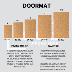 May include: A display of doormats in various sizes, labeled S, M, L, XL, and XXL. The doormats are rectangular and made of a natural fiber material. Text on the image provides care tips and a product description.