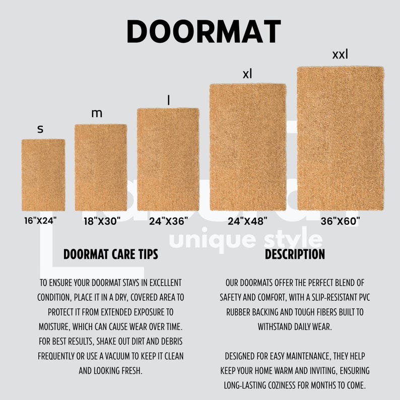 May include: A display of doormats in various sizes, labeled S, M, L, XL, and XXL. The doormats are rectangular and made of a natural fiber material. Text on the image provides care tips and a product description.