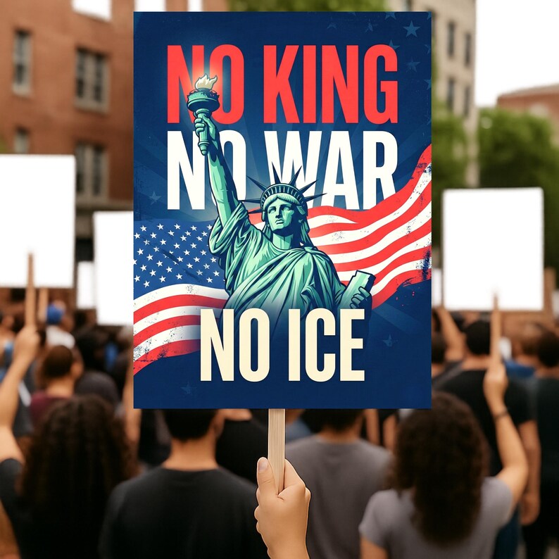 Puede incluir: Un cartel de protesta con las palabras "NO KING, NO WAR, NO ICE" en texto blanco y rojo, sostenido en una multitud. El cartel presenta una ilustraci&oacute;n de la Estatua de la Libertad y la bandera estadounidense.