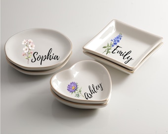 Personalisierte Geburt Blume Schmuckstück Teller, kundenspezifische Aquarell Blumen Ring Schale, Geburtstag Schmuckschale, Hochzeit Brautjungfer Geschenk, Weihnachtsgeschenke