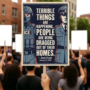 Puede incluir: Un cartel de protesta sostenido en una multitud. El cartel tiene un fondo azul oscuro con las palabras "TERRIBLE THINGS ARE HAPPENING... PEOPLE ARE BEING DRAGGED OUT OF THEIR HOMES." El cartel tambi&eacute;n presenta ilustraciones de dos figuras y el texto "- Anne Frank January 13, 1943."