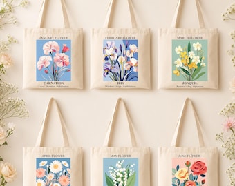 Personalized Birth Month Flower Tote Bags for Women, Cute Canvas Tote Bag, Custom Birthday Gift for Her, Bride Bridesmaid Tote