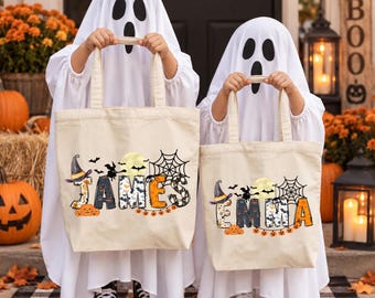 Personalized Halloween Tote Bag, Custom Trick or Treat Bag for Kids, Custom Name Halloween Candy Bag, Cute Spooky Season Canvas Tote