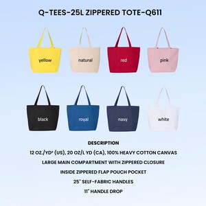 Puede incluir: Ocho bolsas tote con cremallera en varios colores: amarillo, natural, rojo, rosa, negro, azul real, azul marino y blanco. Cada bolsa tiene un compartimento principal grande con cierre de cremallera, un bolsillo interior con cremallera y asas de 63,5 cm.