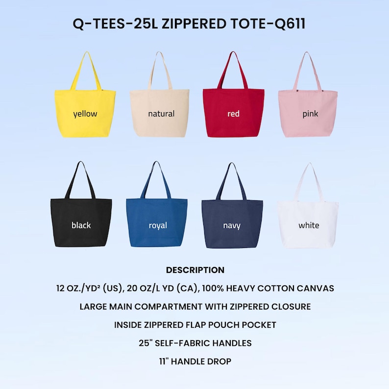 Puede incluir: Ocho bolsas tote con cremallera en varios colores: amarillo, natural, rojo, rosa, negro, azul real, azul marino y blanco. Cada bolsa tiene un compartimento principal grande con cierre de cremallera, un bolsillo interior con cremallera y asas de 63,5 cm.