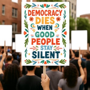 Op de afbeelding: Een wit protestbord met de tekst "DEMOCRACY DIES WHEN GOOD PEOPLE STAY SILENT" in oranje, groen, blauw en rood. Het bord wordt door een persoon in een menigte omhoog gehouden. Bloemen- en sterontwerpen omringen de tekst. De achtergrond is wazig.