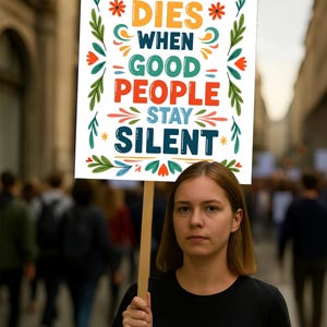 Op de afbeelding: Een persoon houdt een bord vast met de tekst "DEMOCRACY DIES WHEN GOOD PEOPLE STAY SILENT." Het bord heeft een witte achtergrond met kleurrijke bloemen- en steraccenten. De persoon draagt een zwart shirt en staat in een menigte.