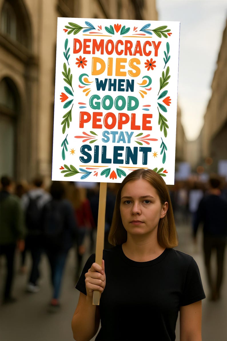 Op de afbeelding: Een persoon houdt een bord vast met de tekst "DEMOCRACY DIES WHEN GOOD PEOPLE STAY SILENT." Het bord heeft een witte achtergrond met kleurrijke bloemen- en steraccenten. De persoon draagt een zwart shirt en staat in een menigte.