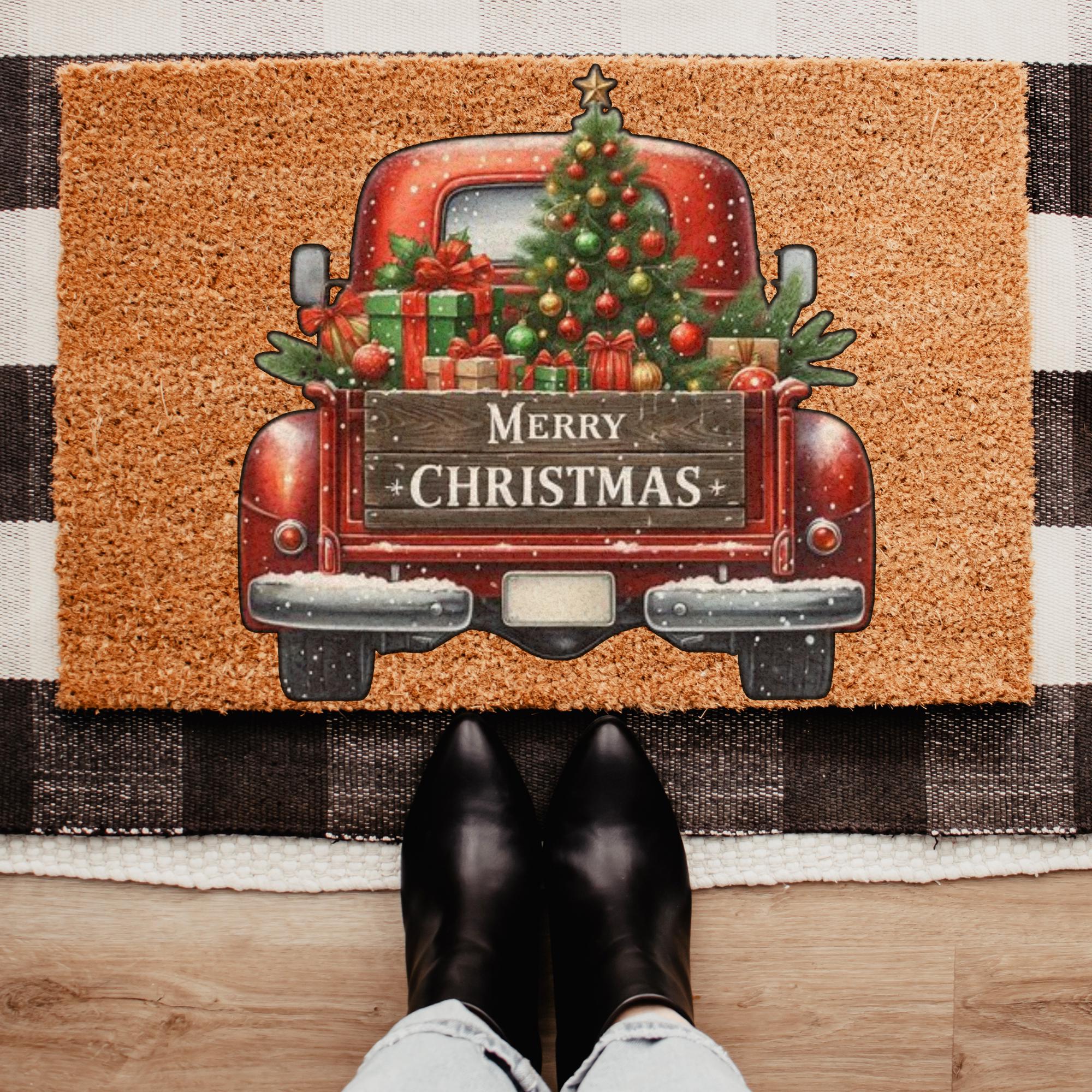 37 Inviting Christmas Front Porch Decor Ideas to Welcome Guests: Festive Ways to Wow Your Neighbors 29 Christmas Truck Doormat, Merry Christmas Truck Doormat, Christmas…