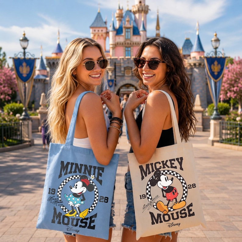 May include: Two women smiling, each holding a tote bag with Disney character designs. One bag is light blue with a Minnie Mouse graphic, the other is beige with a Mickey Mouse graphic. The background features a castle and sunny sky.