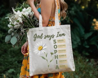 Custom Name God Says I Am Tote Bag, Personalized Christian Tote Bag with Bible Verse, Custom Birth Flower Shopping Bag, Faith Based Gift