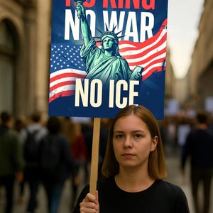 Puede incluir: Un cartel de protesta con la Estatua de la Libertad y la bandera estadounidense. El cartel dice "NO KING, NO WAR, NO ICE" en texto blanco sobre un fondo azul. Una persona sostiene el cartel en una multitud.
