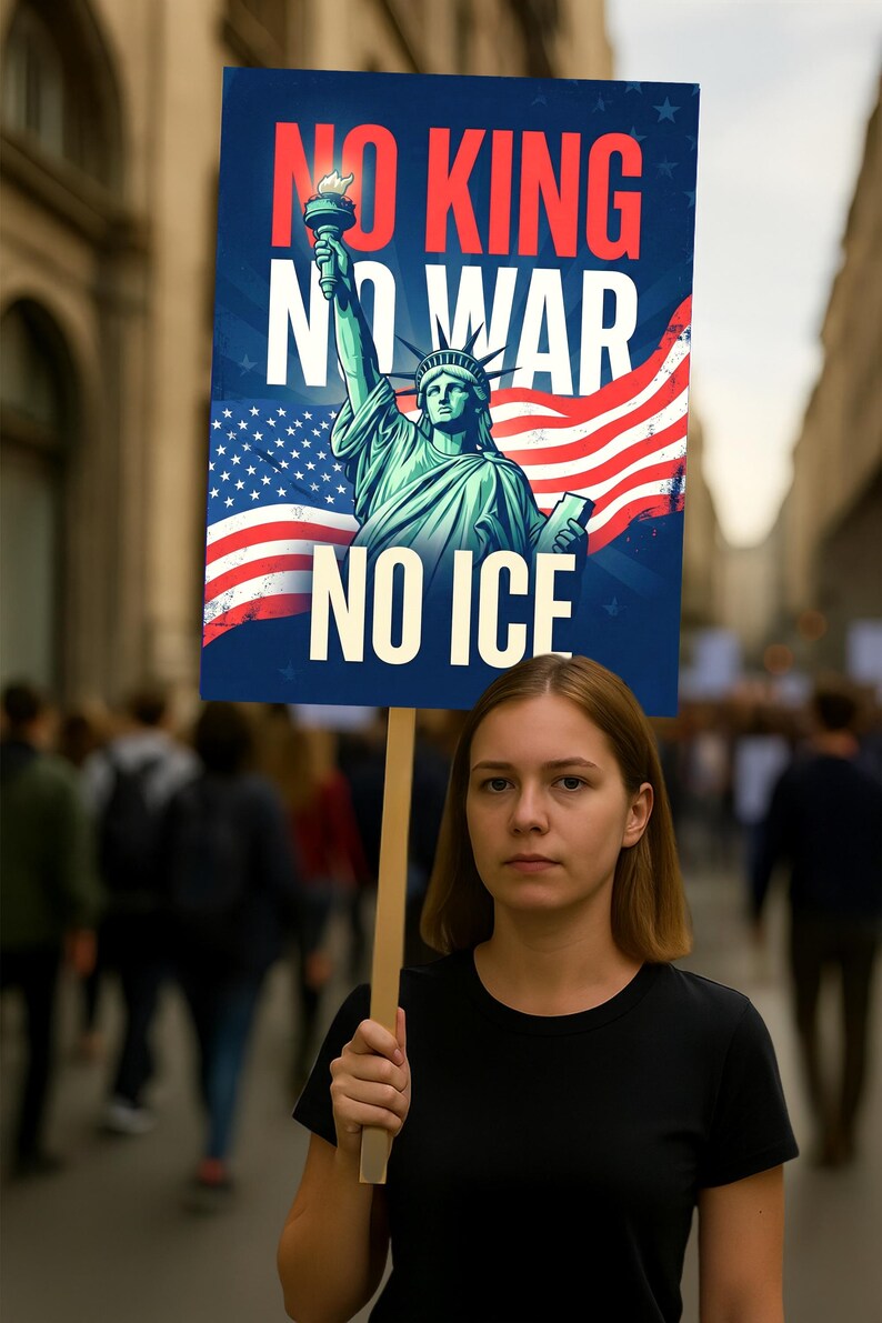 Puede incluir: Un cartel de protesta con la Estatua de la Libertad y la bandera estadounidense. El cartel dice "NO KING, NO WAR, NO ICE" en texto blanco sobre un fondo azul. Una persona sostiene el cartel en una multitud.