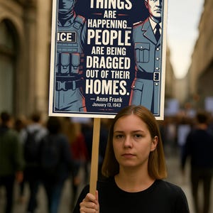 Puede incluir: Una persona sostiene un cartel con el texto "TERRIBLE THINGS ARE HAPPENING... PEOPLE ARE BEING DRAGGED OUT OF THEIR HOMES." El cartel tambi&eacute;n incluye una cita de Ana Frank. El cartel presenta ilustraciones de figuras uniformadas.