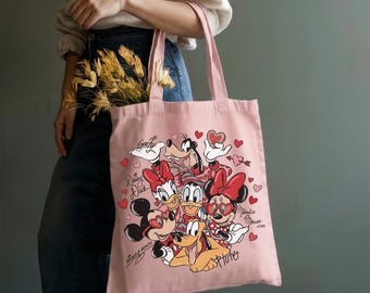 Bolsa de San Valentín con firmas retro de Mickey y sus amigos, bolsa de compras de San Valentín de Disney, regalo de San Valentín, regalo para los amantes de Disney