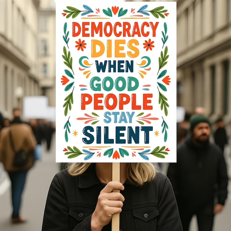 Protestbord democratie beschermen, protestposter democratie sterft, protestbord 'No Kings Rally', politieke activist anti-Trump, teken verzet tegen fascisme maart afbeelding 2