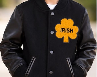 Jaqueta universitária infantil Notre Dame Irish, jaqueta bomber preta de lã, jaqueta universitária Irish Shamrock, presente de Natal para crianças