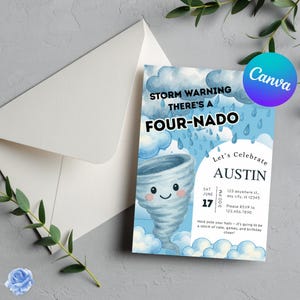 May include: A light blue invitation card featuring a cartoon tornado, rain, and clouds. The text says "Storm Warning There's a Four-Nado" and "Let's Celebrate Austin" with event details. Includes a white envelope and a Canva logo.