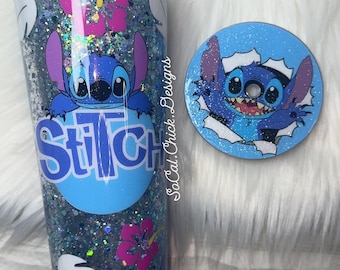 Blue Alien Stitch 24oz Snow Globe Glitter Tumbler | Acrylic Cup | Double-Wall Flow | Cute Character Drinkware