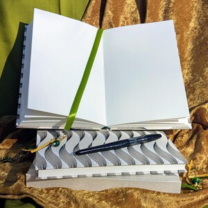 K&ouml;nnte beinhalten: Ein aufgeschlagenes Notizbuch mit leeren wei&szlig;en Seiten und einem gr&uuml;nen Leseb&auml;ndchen, das auf zwei geschlossenen Notizb&uuml;chern liegt. Das obere geschlossene Notizbuch hat ein schwarz-wei&szlig;es Wellenlinienmuster, das untere ist einfarbig hellgrau. Ein schwarzer F&uuml;llfederhalter liegt darauf.