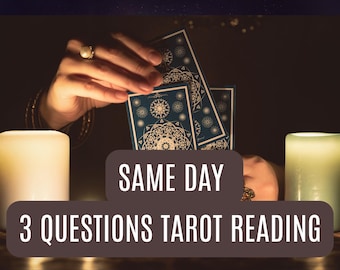May include: A dimly lit image featuring tarot cards with intricate designs, held by a person's hands. Two lit candles flank the cards, and text reads "SAME DAY 3 QUESTIONS TAROT READING."