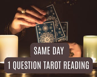 May include: Image of a tarot reading with blue cards featuring white geometric designs. The text "SAME DAY 1 QUESTION TAROT READING" is displayed on a brown background. Two white candles and a green candle are lit on either side.